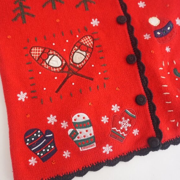 Vtg Basic Holiday Editions Red Embroidered Winter Button Up Cardigan Sweater L - Picture 8 of 12